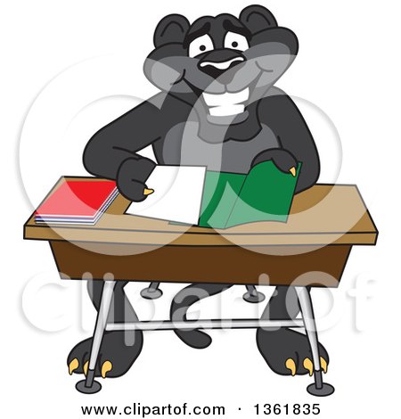 Clipart of a Black Panther School Mascot Character Organizing and Studying - Royalty Free Vector Illustration by Mascot Junction