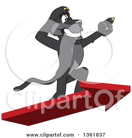 Clipart of a Black Panther School Mascot Character Standing on an Arrow and Pointing, Symbolizing Leadership - Royalty Free Vector Illustration by Mascot Junction