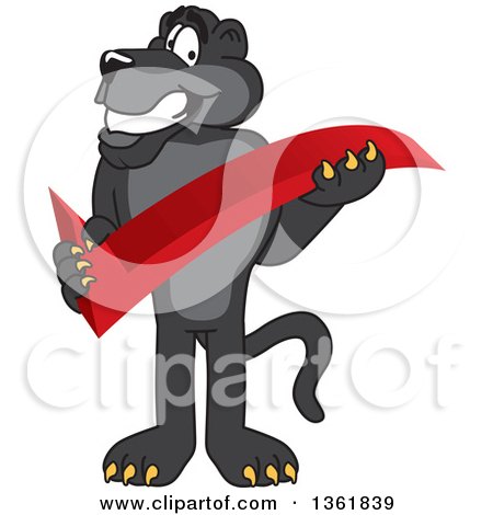 Clipart of a Black Panther School Mascot Character Holding a Check Mark, Symbolizing Acceptance - Royalty Free Vector Illustration by Mascot Junction