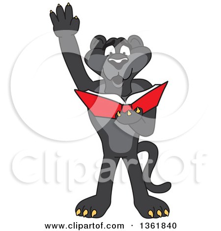 Clipart of a Black Panther School Mascot Character Raising a Hand and Reading a Book, Symbolizing Determination - Royalty Free Vector Illustration by Mascot Junction