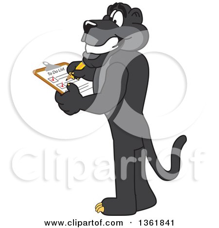 Clipart of a Black Panther School Mascot Character Completing a to Do List, Symbolizing Being Dependable - Royalty Free Vector Illustration by Mascot Junction