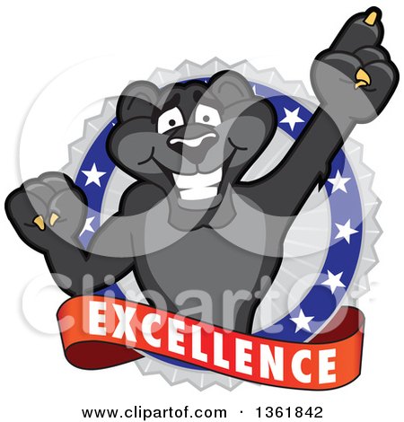 Clipart of a Black Panther School Mascot Character Holding up a Finger on an Excellence Badge - Royalty Free Vector Illustration by Mascot Junction