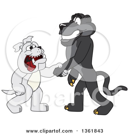 Clipart of a Black Panther School Mascot Character Shaking Hands with a Bulldog, Symbolizing Acceptance - Royalty Free Vector Illustration by Mascot Junction