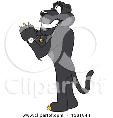 Clipart of a Black Panther School Mascot Character Checking the Time on His Watch, Symbolizing Being Dependable - Royalty Free Vector Illustration by Mascot Junction