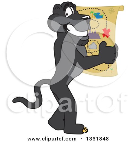 Clipart of a Black Panther School Mascot Character Reading a Map, Symbolizing Being Proactive - Royalty Free Vector Illustration by Mascot Junction