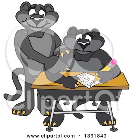 Clipart of a Black Panther School Mascot Character Tutoring a Worried Student, Symbolizing Compassion - Royalty Free Vector Illustration by Mascot Junction