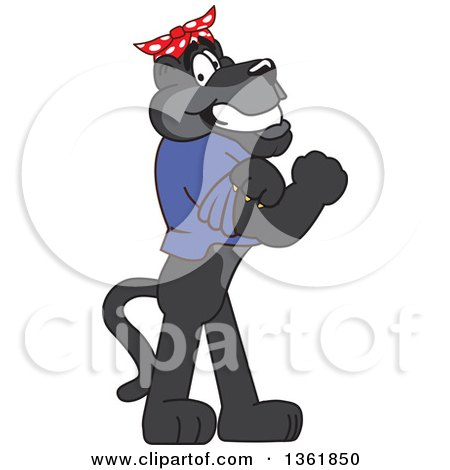 Clipart of a Black Panther School Mascot Character Riveter Flexing His Muscles, Symbolizing Determination - Royalty Free Vector Illustration by Mascot Junction
