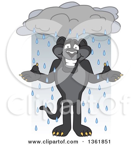 Clipart of a Black Panther School Mascot Character Shrugging in the Rain, Symbolizing Acceptance - Royalty Free Vector Illustration by Mascot Junction