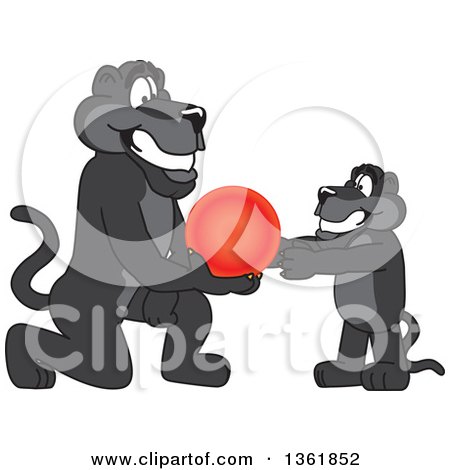 Clipart of a Black Panther School Mascot Character Giving a Cub a Ball, Symbolizing Compassion - Royalty Free Vector Illustration by Mascot Junction