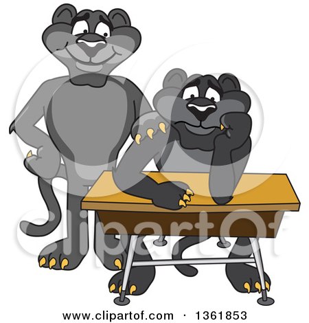 Clipart of a Black Panther School Mascot Character Standing by a Worried Student, Symbolizing Compassion - Royalty Free Vector Illustration by Mascot Junction