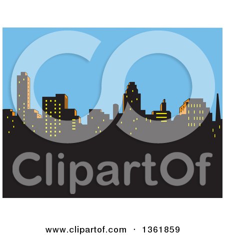 Clipart of a Retro Silhouetted City Skyline Against an Afternoon Sky - Royalty Free Vector Illustration by Clip Art Mascots