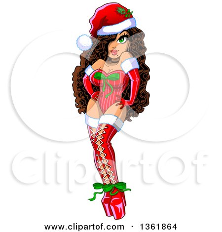 Clipart of a Cartoon Christmas Pinup Woman Posing in a Sexy Santa Suit - Royalty Free Vector Illustration by Clip Art Mascots