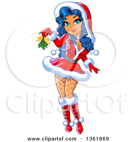 Clipart of a Cartoon Sexy Blue Haired Christmas Painup Woman in a Santa Suit, Holding out Mistletoe - Royalty Free Vector Illustration by Clip Art Mascots