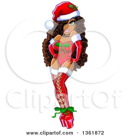Clipart of a Cartoon Black Christmas Pinup Woman Posing in a Sexy Santa Suit - Royalty Free Vector Illustration by Clip Art Mascots