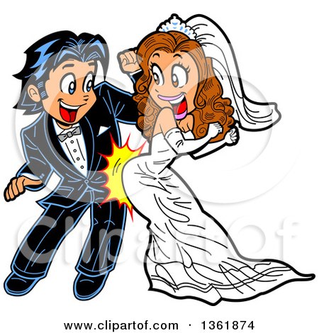 Clipart of a Cartoon Happy Wedding Couple Dancing and Grinding - Royalty Free Vector Illustration by Clip Art Mascots