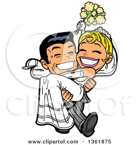 Clipart of a Cartoon Happy Wedding Groom Carrying His Bride - Royalty Free Vector Illustration by Clip Art Mascots