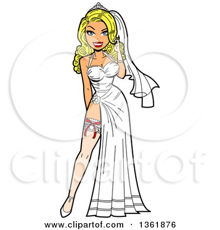 Clipart of a Sexy Blond Caucasian Wedding Pinup Bride Woman Showing Her Garter Belt - Royalty Free Vector Illustration by Clip Art Mascots