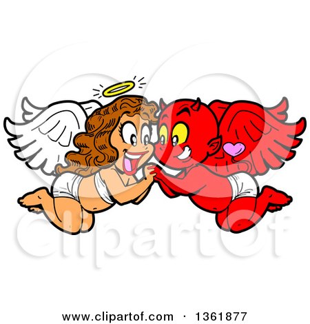 Clipart of a Cartoon Happy Female Angel and Male Devil in Love - Royalty Free Vector Illustration by Clip Art Mascots