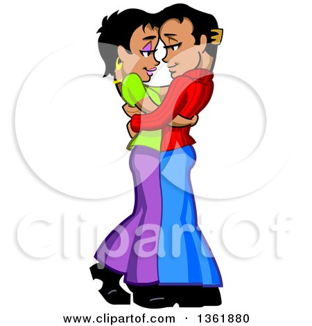 Clipart of a Cartoon Romantic Young Black and Hispanic Couple Hugging and Embracing Passionately - Royalty Free Vector Illustration by Clip Art Mascots