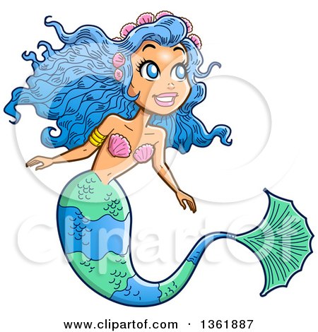 Clipart of a Happy Blue Haired Female Mermaid Looking up to the Right - Royalty Free Vector Illustration by Clip Art Mascots