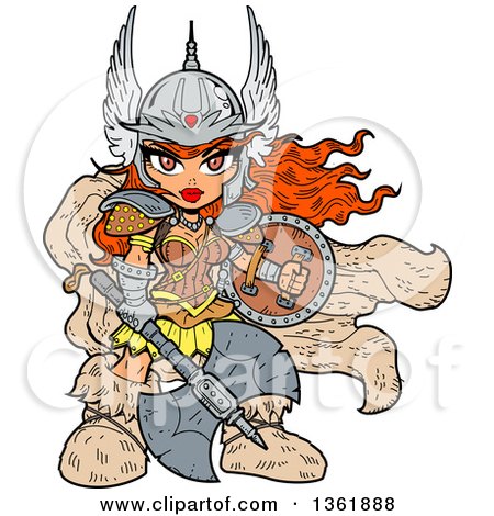Clipart of a Cartoon Red Haired Anime Warrior Princess Holding a Shield and Battle Axe - Royalty Free Vector Illustration by Clip Art Mascots
