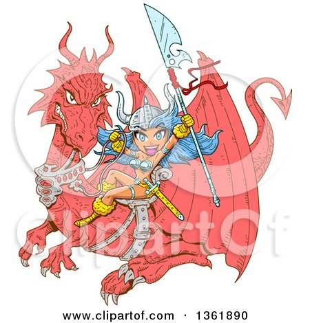 Clipart of a Cartoon Blue Haired Anime Warrior Princess Holding a Spear and Flying on a Dragon - Royalty Free Vector Illustration by Clip Art Mascots