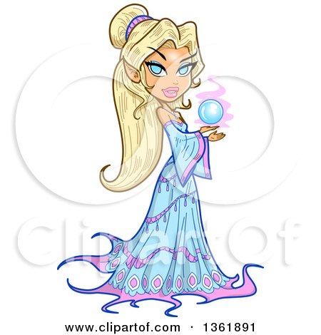 Clipart of a Blond Haired, Blue Eyed, Caucasian Mythical Elf Queen Sorcerers Holding a Crystal Ball - Royalty Free Vector Illustration by Clip Art Mascots