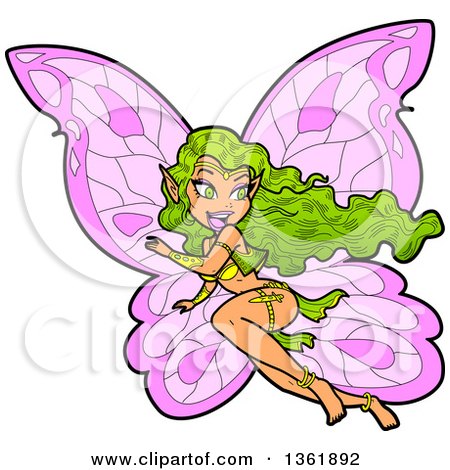 Clipart of a Happy Green Haired Fairy with Pink Wings, Flying Fast and Looking Back - Royalty Free Vector Illustration by Clip Art Mascots