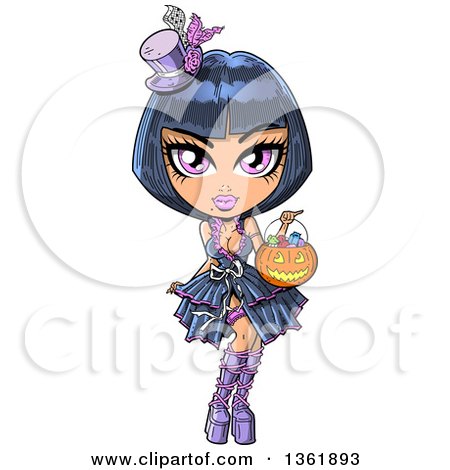 Clipart of a Cartoon Black Haired, Pink Eyed Goth Girl Trick or Treating with a Halloween Jackolantern Pumpkin Basket - Royalty Free Vector Illustration by Clip Art Mascots