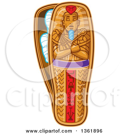 Clipart of a Cartoon Ancient Egyptian Sarcophagus Opening and Revealing a Pharaoh's Mummy - Royalty Free Vector Illustration by Clip Art Mascots
