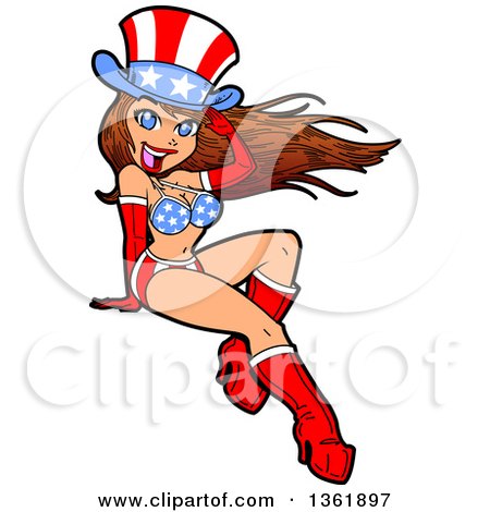 Clipart of a Cartoon Sexy Brunette White Pinup Woman in an American Flag Bikini and Top Hat - Royalty Free Vector Illustration by Clip Art Mascots