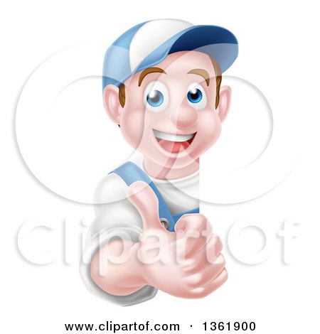 Clipart of a Happy Young Brunette Caucasian Mechanic Man in Blue, Wearing a Baseball Cap, Giving a Thumb up Around a Sign - Royalty Free Vector Illustration by AtStockIllustration