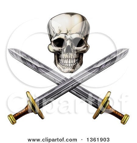 Clipart of an Engraved Pirate Skull Above Crossed Swords - Royalty Free Vector Illustration by AtStockIllustration