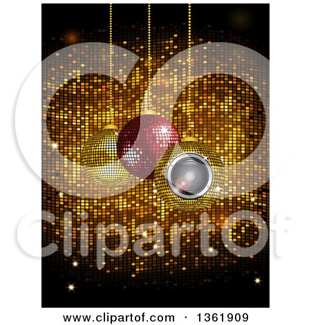 Clipart of 3d Suspended Sparkly and Speaker Christmas Baubles over Gold Disco Tiles - Royalty Free Vector Illustration by elaineitalia