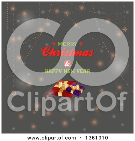 Clipart of a Merry Christmas and Happy New Year Greeting and 3d Gifts over Gray with Flares and Snowflakes - Royalty Free Vector Illustration by elaineitalia