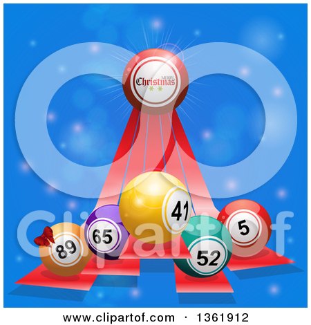 Clipart of a 3d Merry Christmas Greeting and Bingo Balls on Red Stripes over Blue Flares - Royalty Free Vector Illustration by elaineitalia