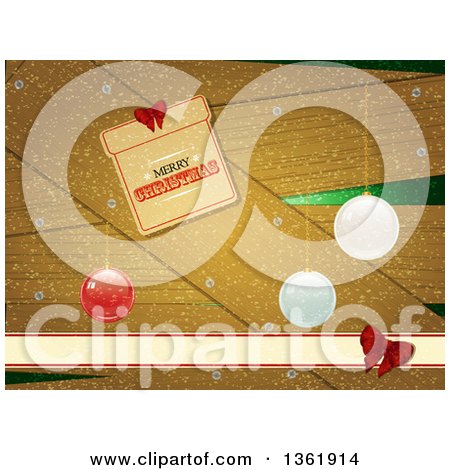 Clipart of a Merry Christmas Gift Shaped Tag Greeting over Wood with Baubles and Snow - Royalty Free Vector Illustration by elaineitalia