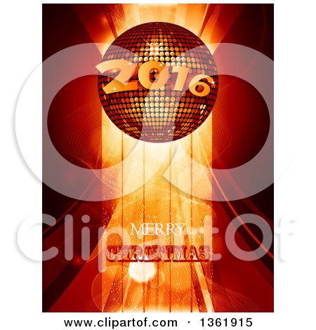 Clipart of a Merry Christmas Greeting Under a 3d 2016 New Year Disco Ball over Stripes and Flares - Royalty Free Vector Illustration by elaineitalia