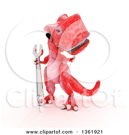 Clipart of a 3d Red Tyrannosaurus Rex Dinosaur Holding a Wrench, on a White Background - Royalty Free Illustration by KJ Pargeter