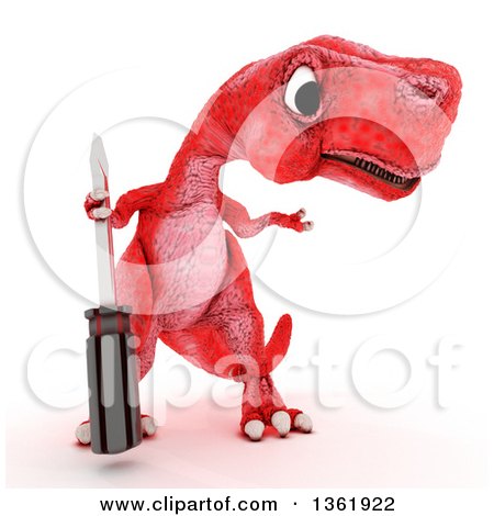 Clipart of a 3d Red Tyrannosaurus Rex Dinosaur Holding a Screwdriver, on a White Background - Royalty Free Illustration by KJ Pargeter