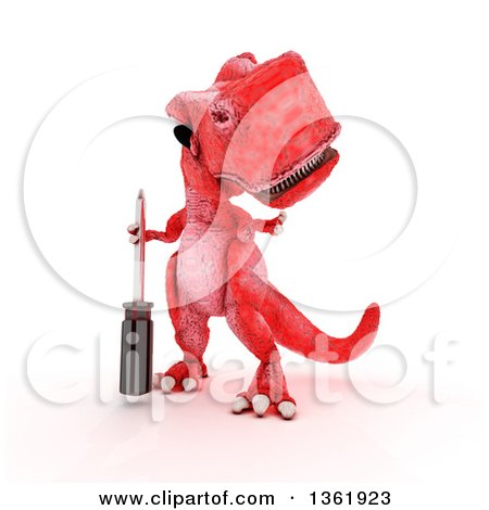 Clipart of a 3d Red Tyrannosaurus Rex Dinosaur Holding a Phillips Screwdriver, on a White Background - Royalty Free Illustration by KJ Pargeter