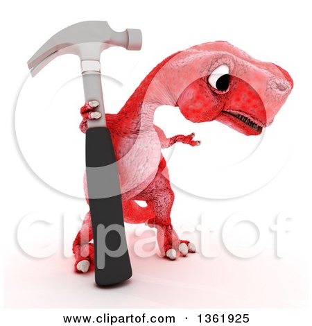 Clipart of a 3d Red Tyrannosaurus Rex Dinosaur Holding a Hammer, on a White Background - Royalty Free Illustration by KJ Pargeter