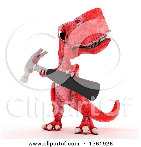 Clipart of a 3d Red Tyrannosaurus Rex Dinosaur Holding a Hammer, on a White Background - Royalty Free Illustration by KJ Pargeter