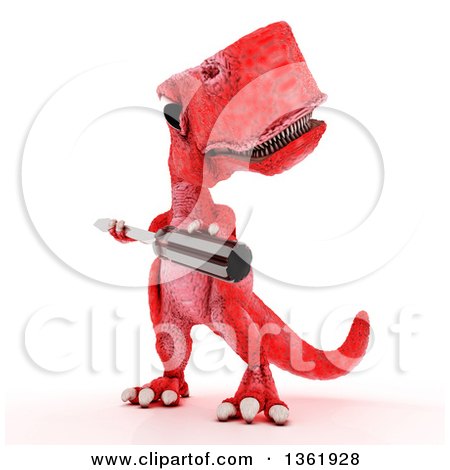 Clipart of a 3d Red Tyrannosaurus Rex Dinosaur Holding a Screwdriver, on a White Background - Royalty Free Illustration by KJ Pargeter