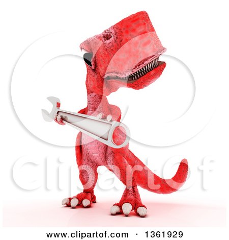 Clipart of a 3d Red Tyrannosaurus Rex Dinosaur Holding a Wrench, on a White Background - Royalty Free Illustration by KJ Pargeter