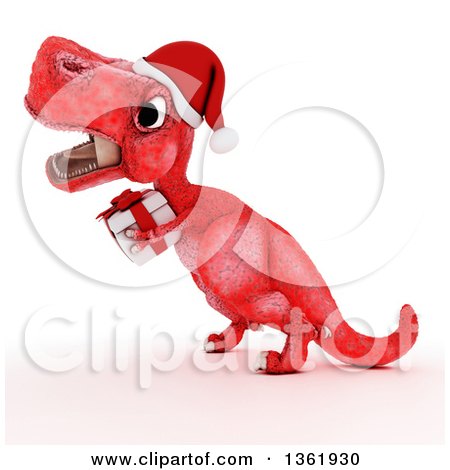 Clipart of a 3d Red Tyrannosaurus Rex Dinosaur Carrying a Christmas Gift, on a White Background - Royalty Free Illustration by KJ Pargeter