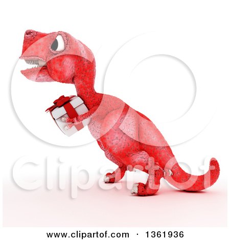 Clipart of a 3d Red Tyrannosaurus Rex Dinosaur Carrying a Gift, on a White Background - Royalty Free Illustration by KJ Pargeter