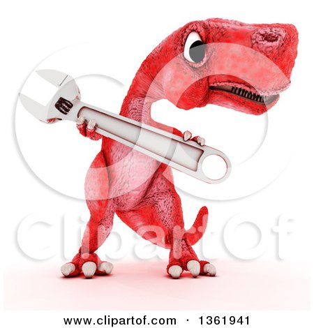 Clipart of a 3d Red Tyrannosaurus Rex Dinosaur Holding an Adjustable Wrench, on a White Background - Royalty Free Illustration by KJ Pargeter