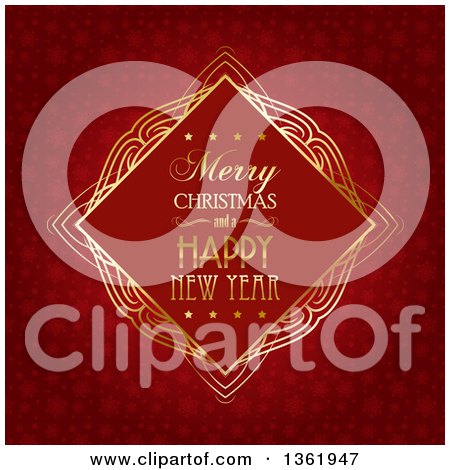 Clipart of a Merry Christmas and a Happy New Year Greeting in a Retro Golden Frame over Red Snowflakes - Royalty Free Vector Illustration by KJ Pargeter