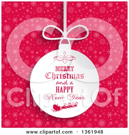 Clipart of a Merry Christmas and a Happy New Year Santa Sleigh Bauble Ornament over Pink Snowflakes - Royalty Free Vector Illustration by KJ Pargeter